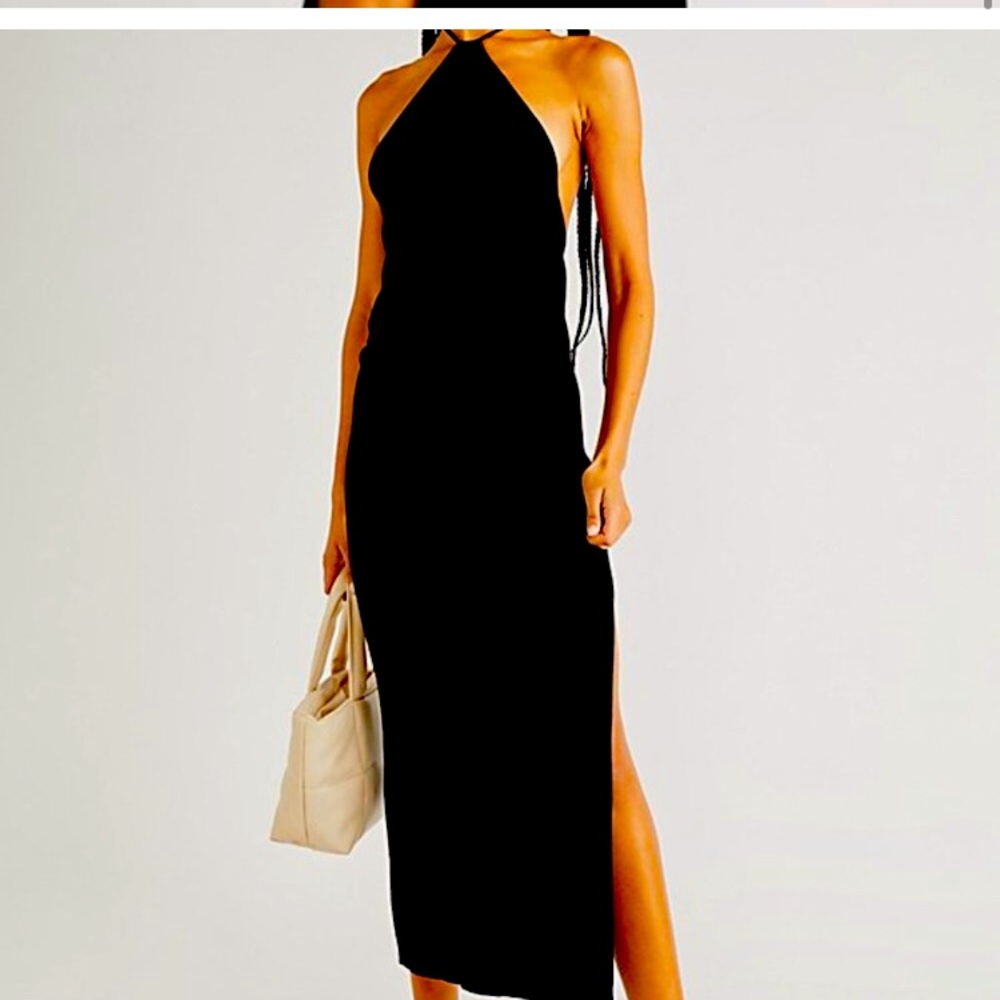 Free People Beach Kristy Black Rib Knit Midi Halter Sweater Dress Size Small